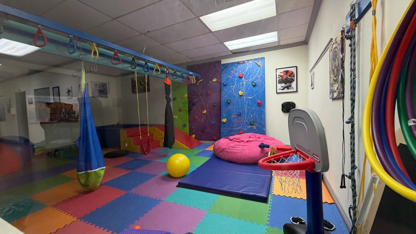 Colorful climbing walls, hanging swings and padded play mats in Kori's movement room